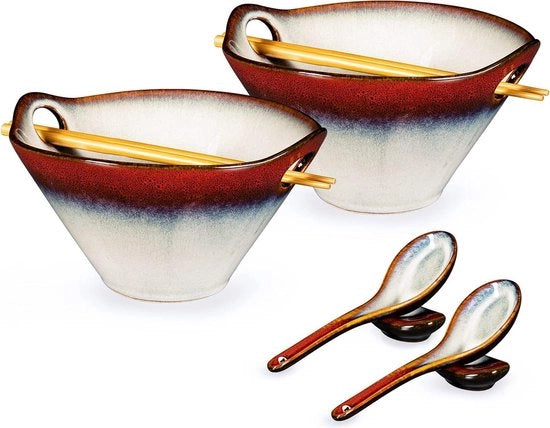 Tazza per Ramen in Ceramica 780 ml Kit Completo - Ramen Nidi Insalata - Spiedini Cucchiai - Cucchiaino con Custodia - Servizio Giapponese - Cibi Asiatici Pasta a Gradiente Rosso