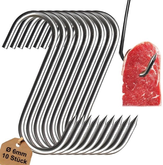 Set di grattuglie per carne da 10 pezzi - Acciaio inossidabile - Ganci a S - Attrezzature per la carne professionale - Sostegge fino a 50 kg - Ideale per la salumeria - Ganci per la fumatura
