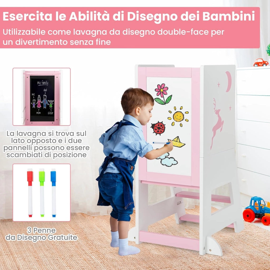 Torre per Bambini 2 in 1, Sgabello da Cucina per Bambini con Lavagna, Piattaforma e Gradino Regolabili, per Bambini da 1 a 7 Anni, Capacità di Carico 70 kg (Rosa)