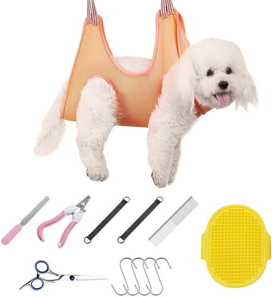 Immagini di Cura per Animali - Set di Cura - Inclusa Sedia a Sospensione e Trimmer - Color Arancione - Adatto per Cani e Gatti - 12 pezzi