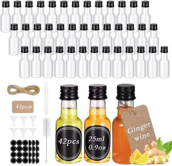 Mini bottiglie di plastica inox 42 pezzi - flessi riutilizzabili - adatti per succo/miele/olio - formato da viaggio - 25 ml di capacità - flessi da shot