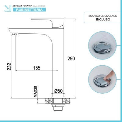 Set miscelatori lavabo alto bidet e doccia Flat con piletta click clack