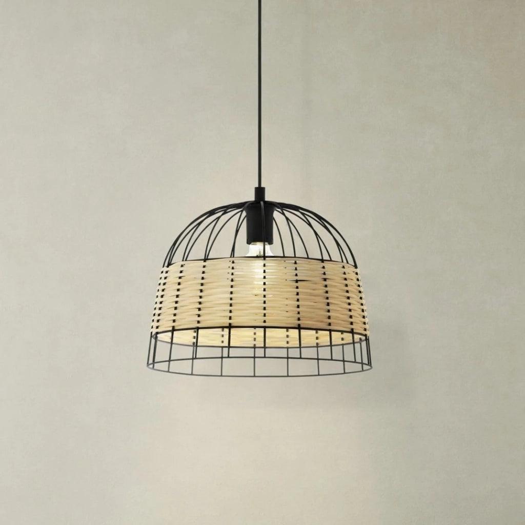 Sospensione Rustica-Country Anwick Metallo Nero E Rattan 1 Luce E27