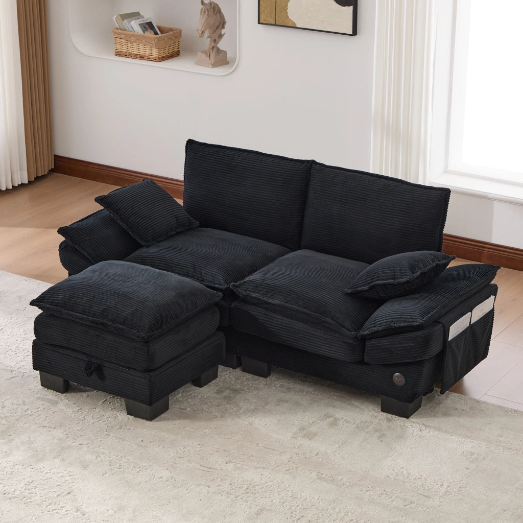 Divano modulare 2 posti - con pouf; USB-C e tasche laterali - in corduroy nero