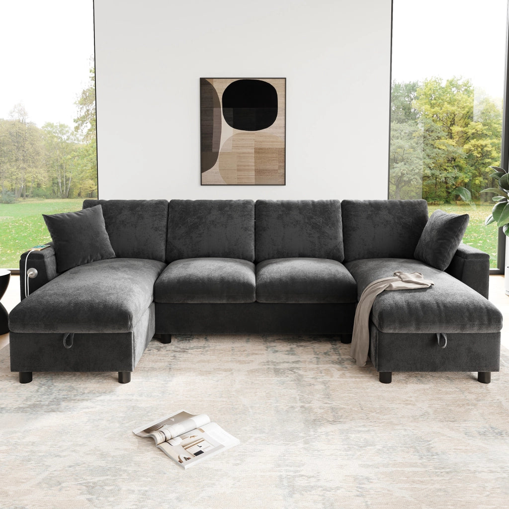 DIVANO U con chaise longue, 279x135x84 cm, Chenille Grigio, USB e Type-C