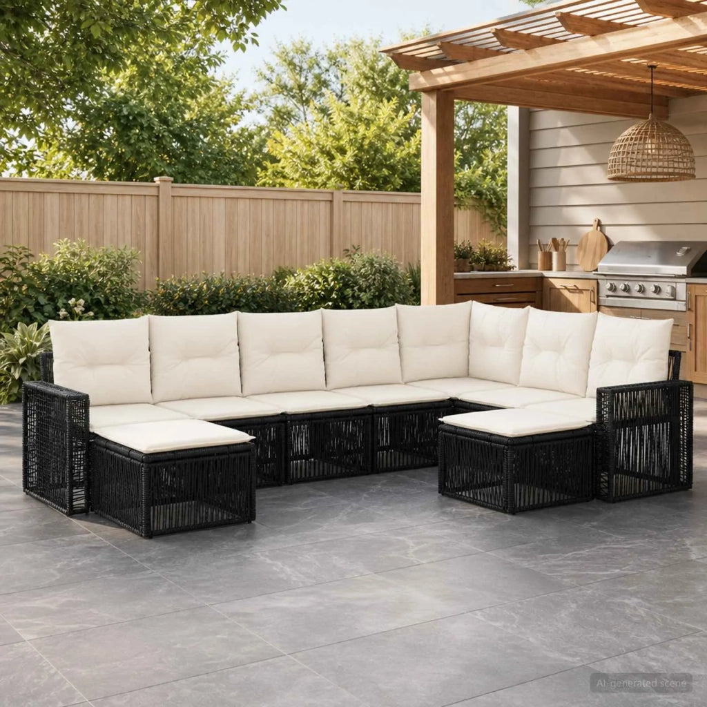 Set Divano da Giardino 9 pz Nero e Bianco Crema polyrattan 3435310