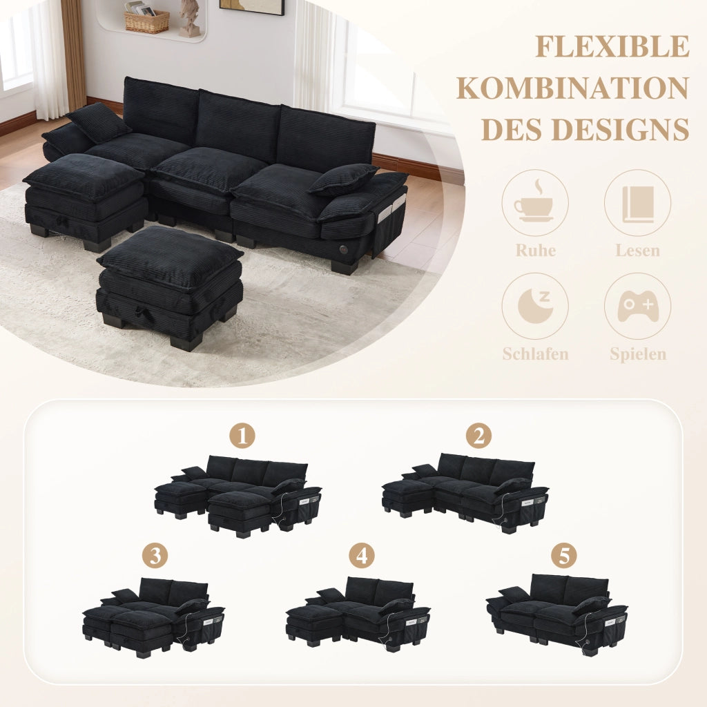 Divano modulare 3 posti con USB tipo C e 2 pouf contenitore in velluto a coste nero