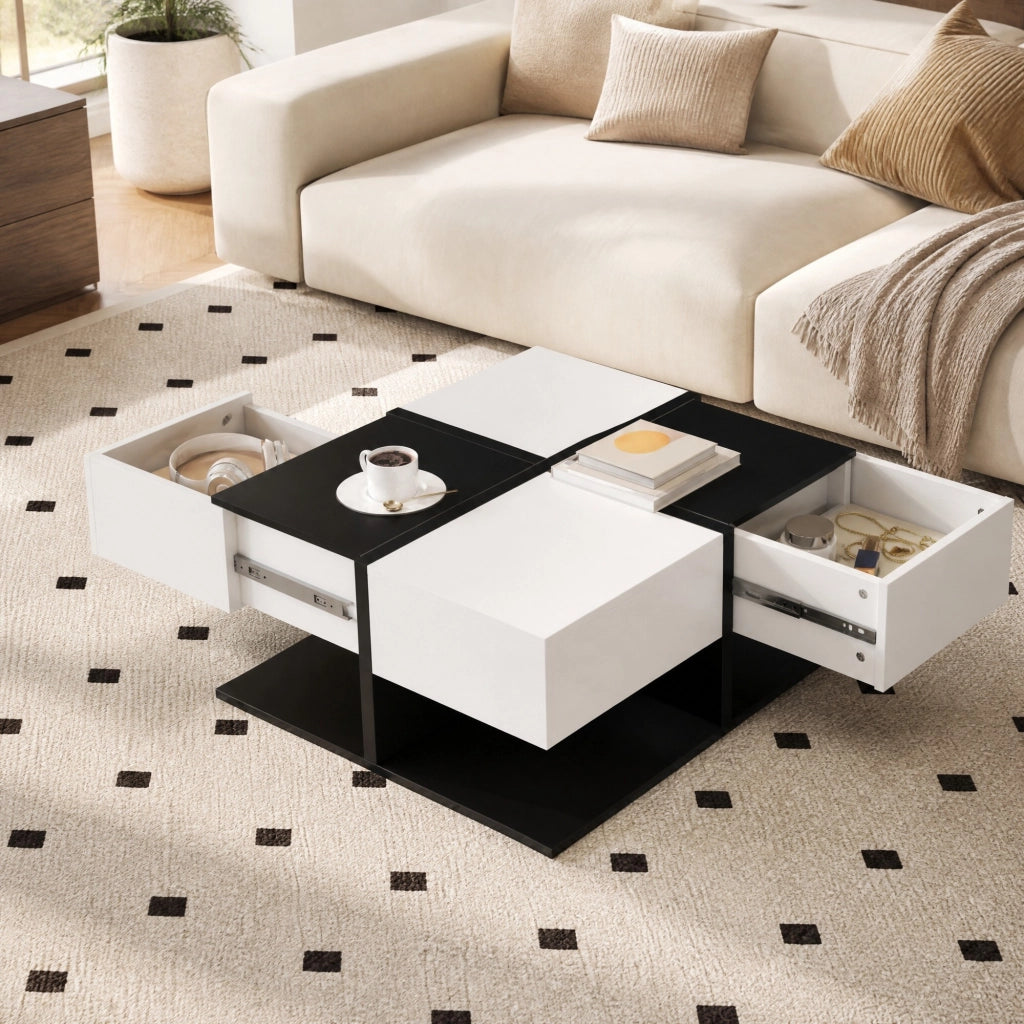 Tavolino basso quadrato con 2 cassetti e vano contenitore per soggiorno in pannello truciolare nero e bianco 70 × 70 × 35,5 cm