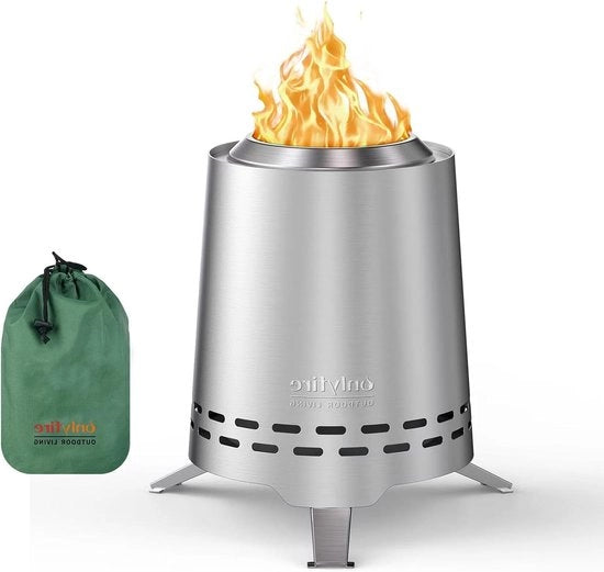Tavolo Mini Focolare in Acciaio Inossidabile con Base e Borsa da Trasporto Funziona con Pellet o Legna Senza Fumo per Giardino Terrazza Campeggio Decorazione | Argento