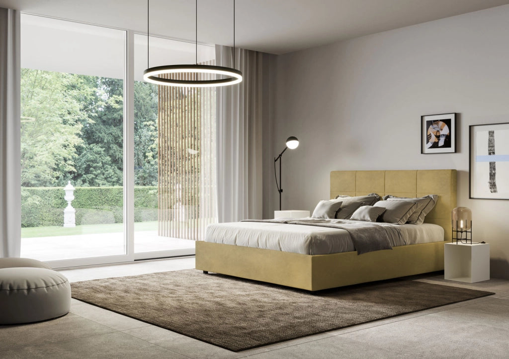 BS COM Letto queen size senza rete imbottito 150x210 microfibra ocra