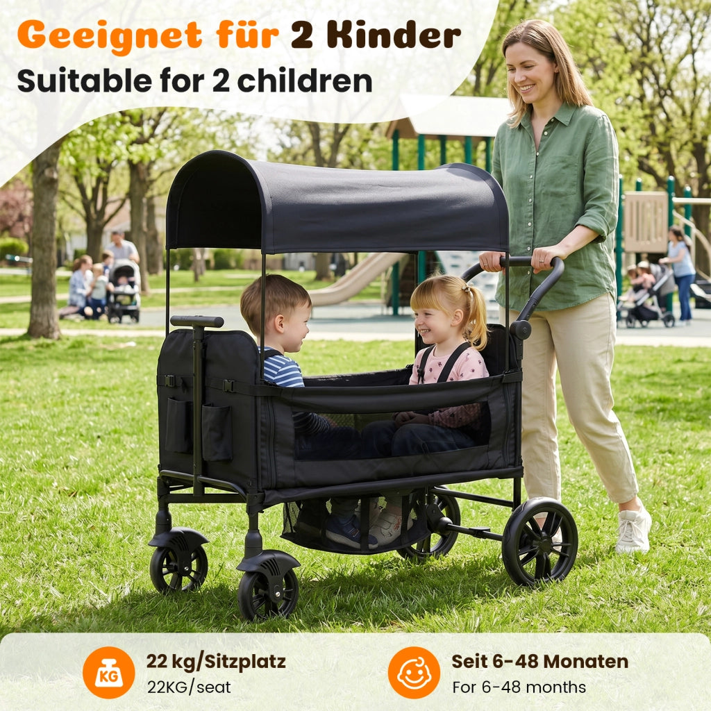Carretto per bambini con sedile, carretto/passeggino pieghevole per 2 bambini, nero, maniglione imbottito regolabile in 8 posizioni, capottina parasol