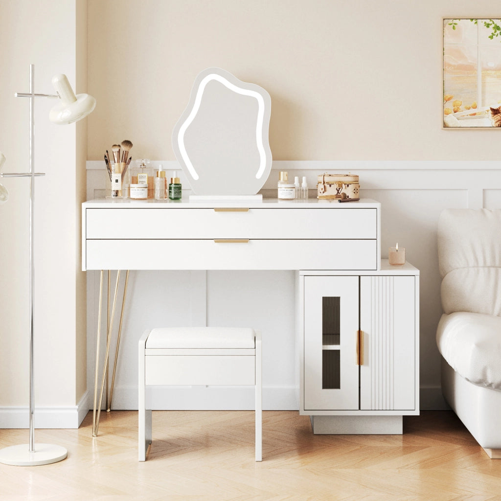 OKWISH Toeletta con 2 Cassetti, Specchio LED 3 Modalità e Mobile Laterale Scorrevole, per Camera, Pannelli, Bianco, 100×40×78 cm