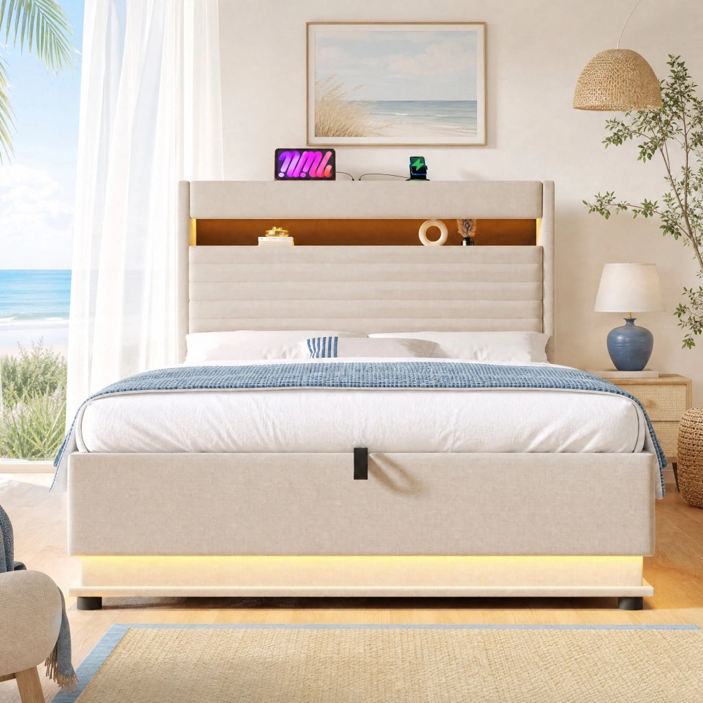 Letto imbottito 140x200 cm beige con LED, USB-C e contenitore