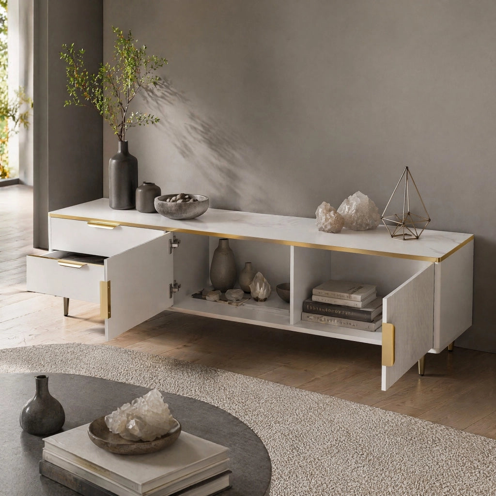 MOBILE TV Con 2 cassetti 170x37x45 cm Bianco e Oro
