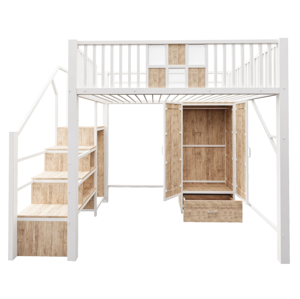 Letto a soppalco 140x200 cm con armadio, cassetto e scala contenitore