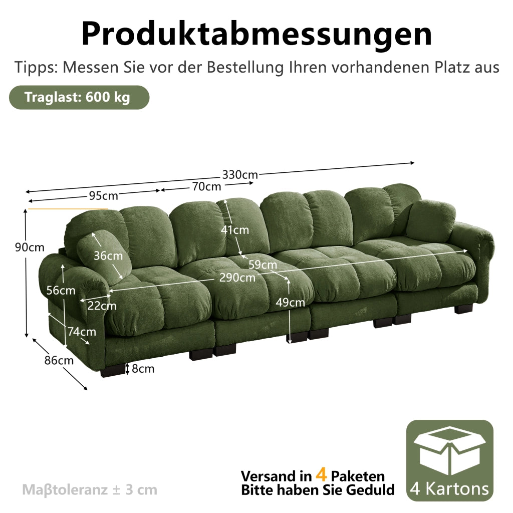 Divano modulare con cuscini trapuntati e cuscino piccolo, in Chenille, Verde 330 × 86 × 90 cm