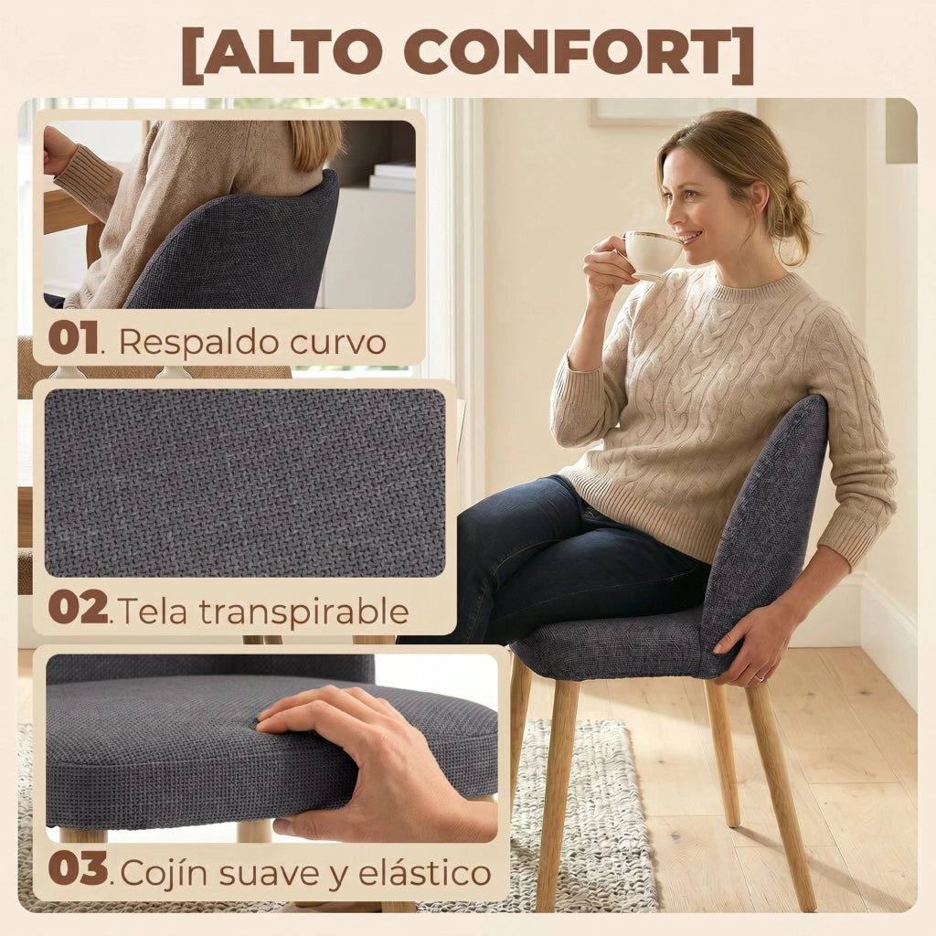 Set 2 Sedie da Pranzo ¨C Xylo ¨C Schienale Curvo Seduta Imbottita Gambe Legno Lino Grigio Chiaro