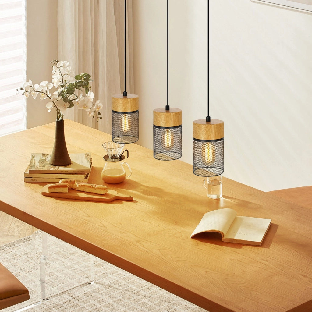 Lampada a sospensione ZMH 3 luci barra legno nero venature per sala da pranzo corridoio e bar