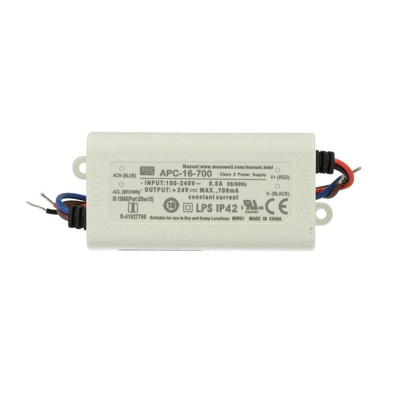 Led Driver CC MW MEAN WELL Serie APC Trasformatore Corrente Costante IP42 (700mA 9V-24VDC 16W)