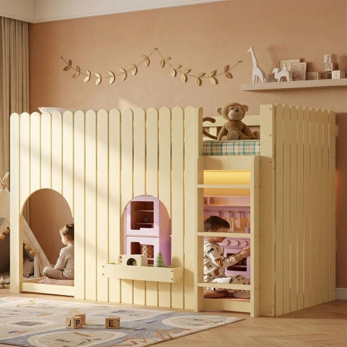 Letto a soppalco per bambini 90x200 cm LEMONMAX, LED multicolore, scala contenitore a 3 gradini, sponde, pino e MDF, legno naturale