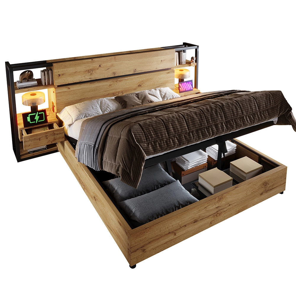 Letto matrimoniale-Xylo-180x200 cm-contenitore idraulico, USB/Type-C, testiera, quercia