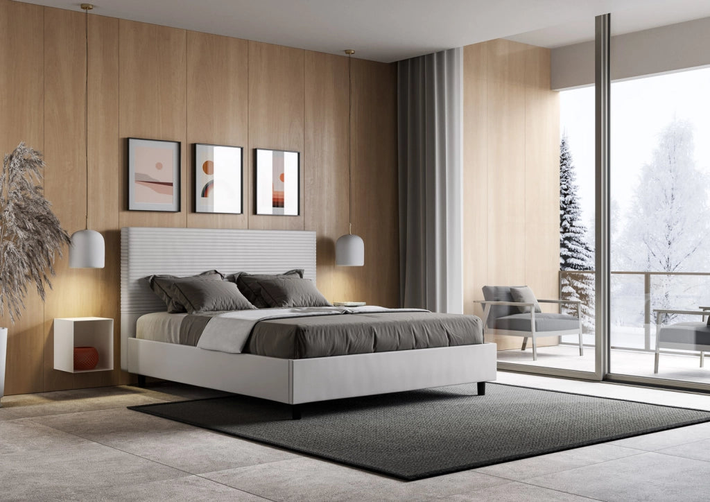 BS COM Letto matrimoniale francese con rete imbottito 140x200 similpelle bianco