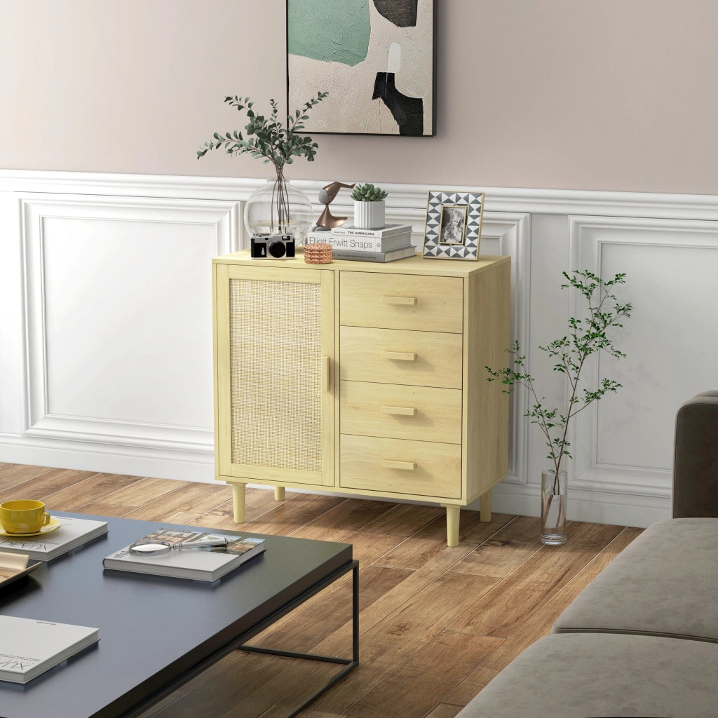 Buffet in rattan con ante e 4 cassetti ¨C Zephmum ¨C Effetto legno naturale 80x38x80.5 cm