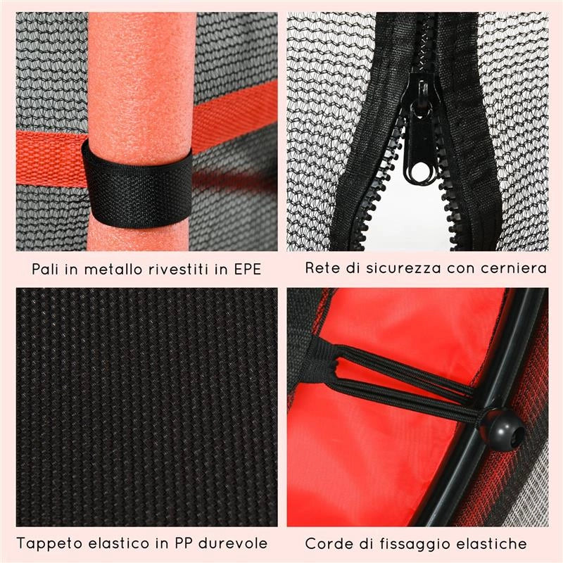 TRAMPOLINO ELASTICO PER BAMBINI Ï1.6X1.9 M CON RETE DI SICUREZZA E PALI IMBOTTITI, ETÓ 3-10 ANNI, ROSSO