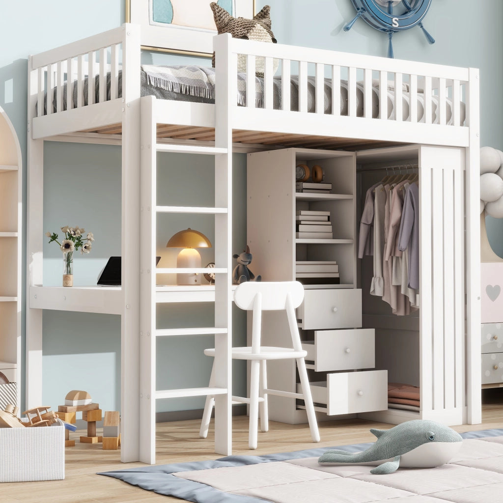 LETTO a soppalco 90x200 cm con scrivania, armadio, 3 cassetti, bianco