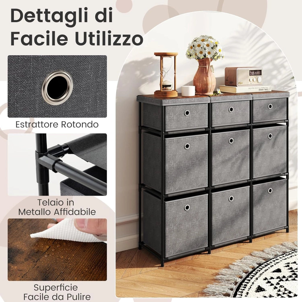 Comò con 9 Cassetti, Cassettiera in Tessuto con Struttura in Metallo e Legno, Armadietto Portaoggetti Salvaspazio, per Soggiorno, Camera da Letto e Corridoio (87 x 29 x 84 cm,Grigio)