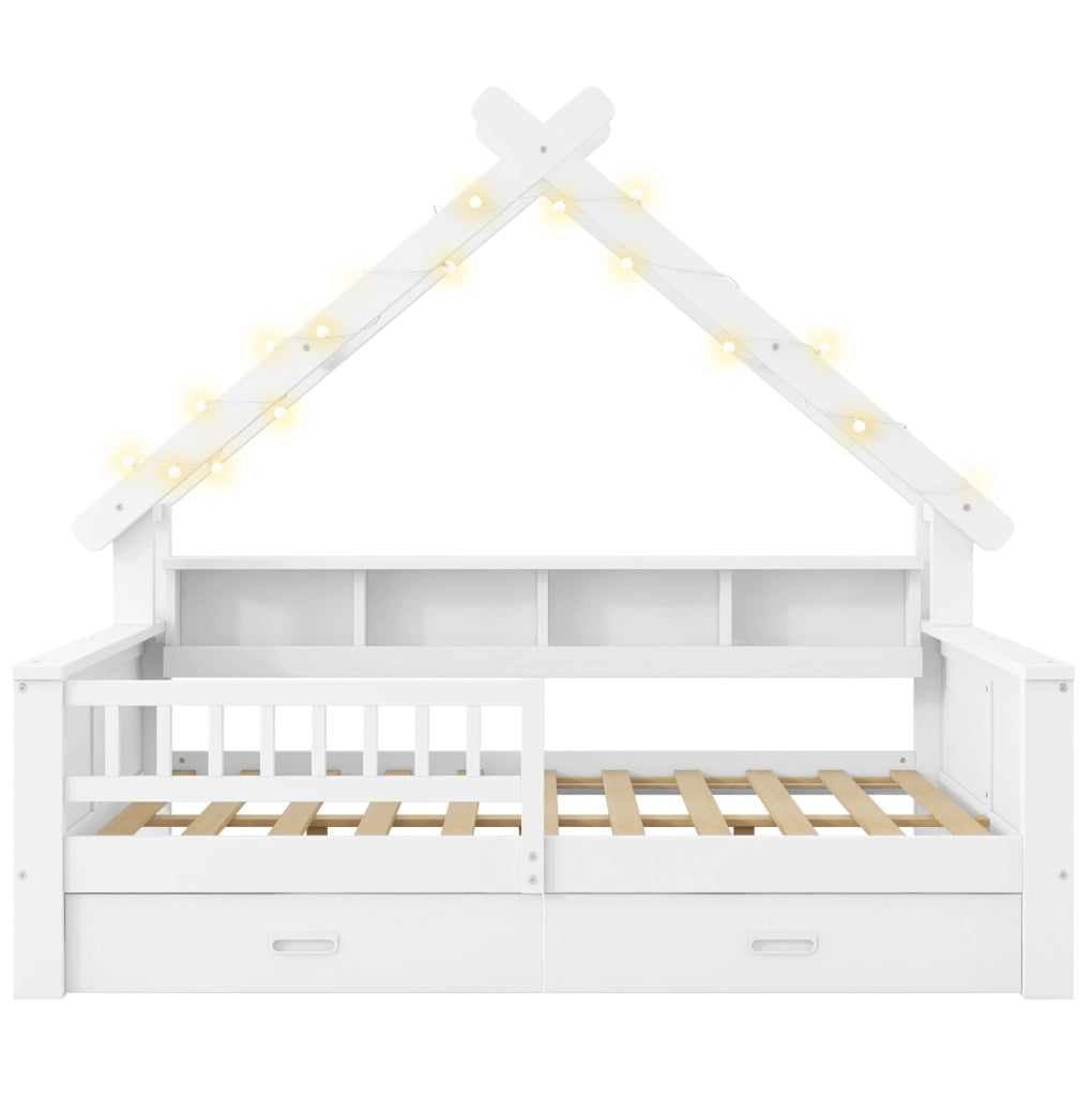 Letto a casetta con LED; 140x200 cm; con ripiani e 2 cassetti; in MDF e pino; bianco