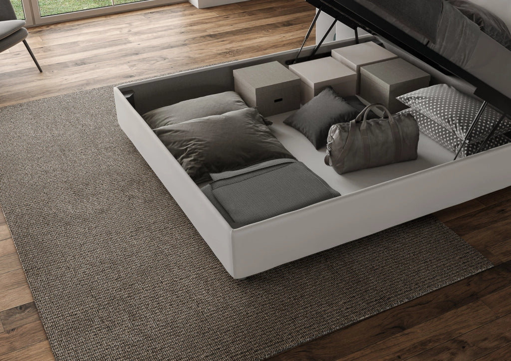 BS COM Letto queen size contenitore imbottito 150x210 similpelle bianco