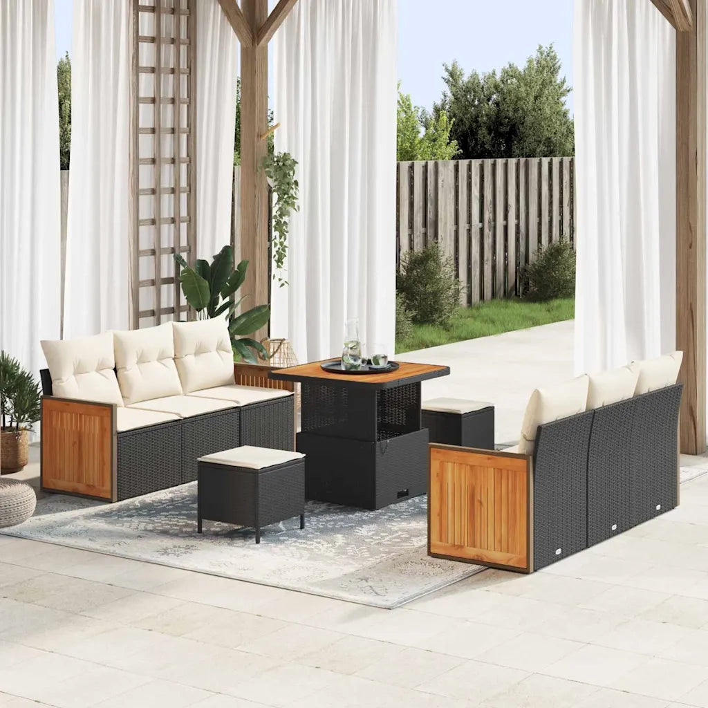 Set Divano da Giardino 11 pcs Nero e Crema polyrattan