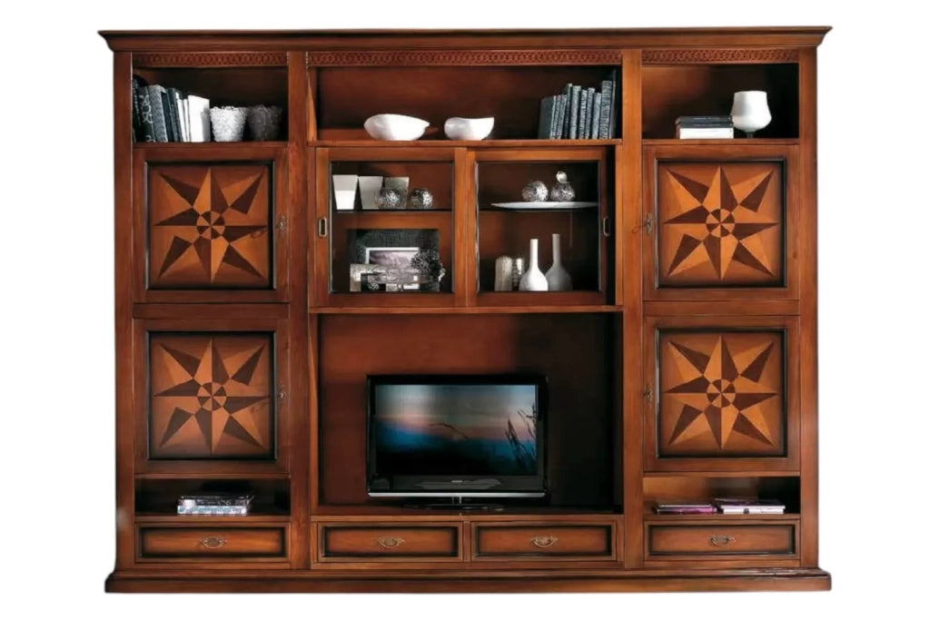 Parete attrezzata porta tv in legno tinta noce l.306 p.43 h.236 - Mobili 2G
