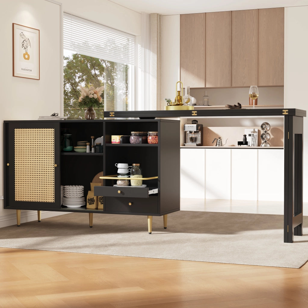 Mobile Bar con 1 Anta in Rattan; 1 Cassetto; Piano Girevole a 360° Estensibile; in MDF; 107 x 40 x 71.4 cm; Nero