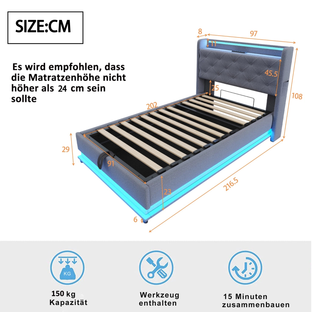 LETTO imbottito 90x200 cm con luci LED, porte USB e vano, grigio