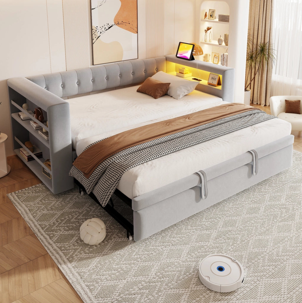 Letto multifunzione imbottito con LED, prese e spazio contenitivo