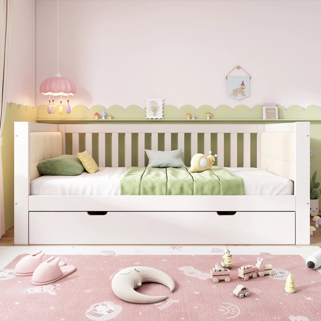 DESMIU Divano letto 90 × 200 cm e 90 × 190 cm 1 posto con letto estraibile, senza materasso, in legno, bianco