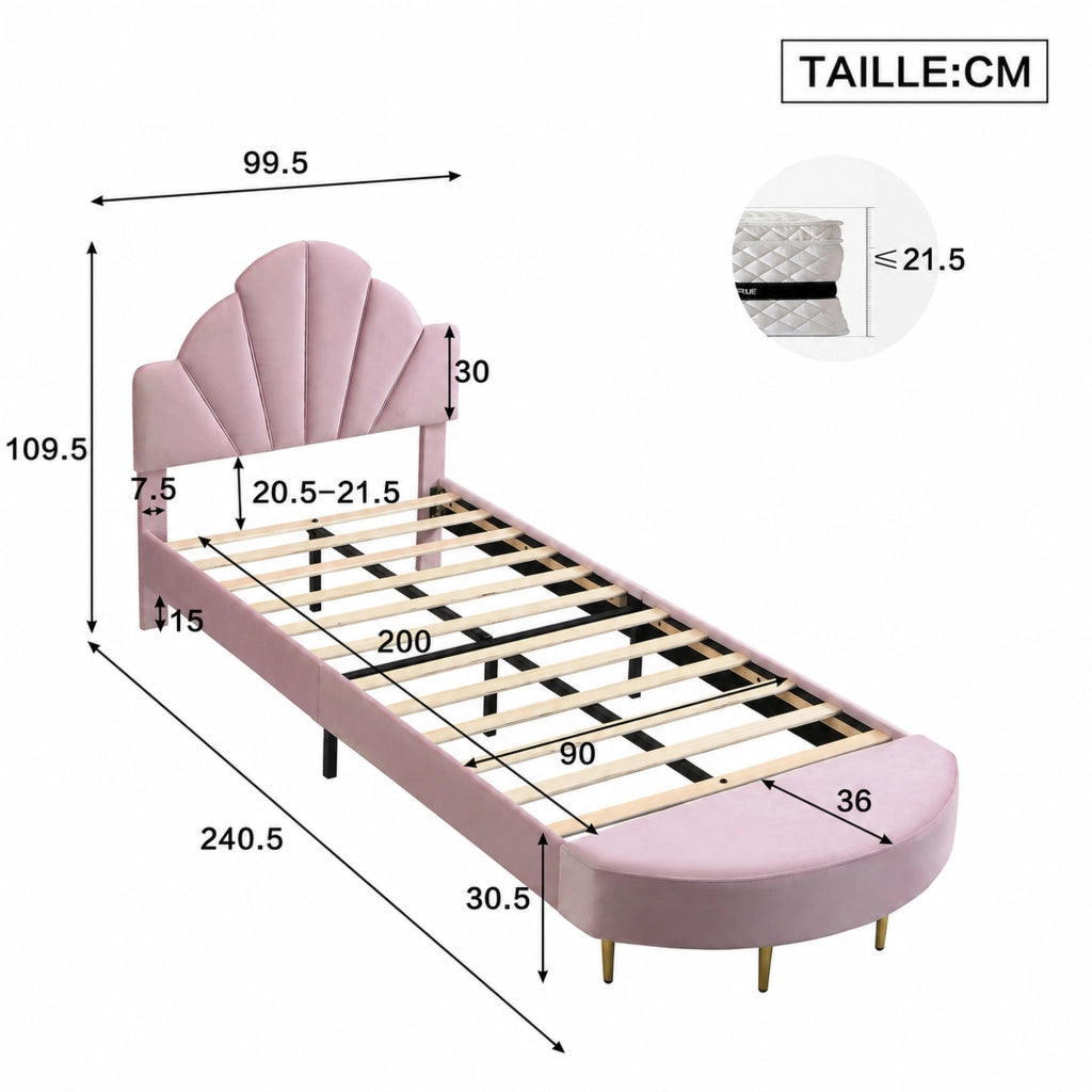 DESMIU Letto singolo 90 × 200 cm con panca coordinata, testiera in velluto, senza materasso, rosa