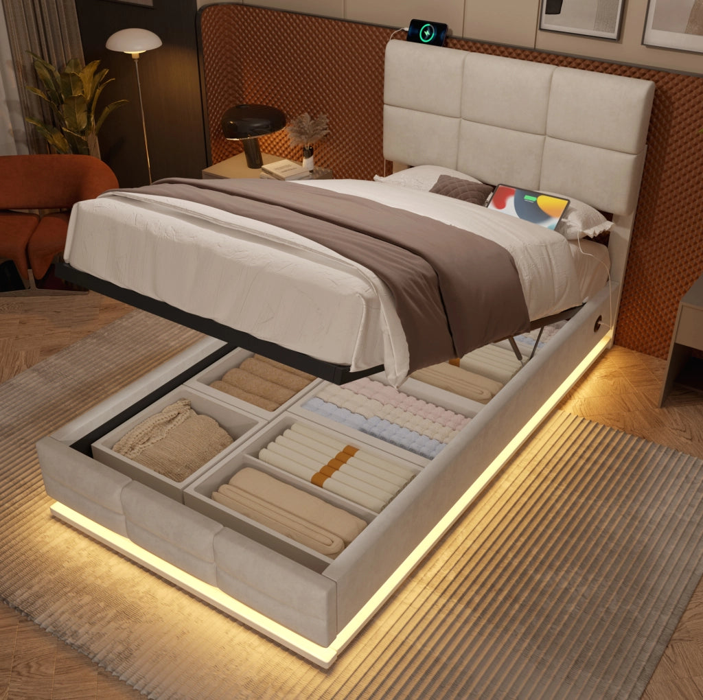 Letto imbottito moderno 90x200 cm in velluto beige con testiera regolabile; LED e USB