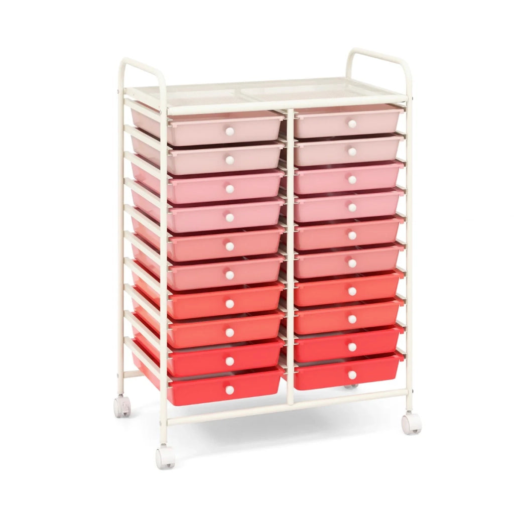 Carrello portaoggetti 63 x 37 x 87 cm con 20 cassetti colorati e ruote mobili per ufficio o scuola acciaio rosa 20_0019419