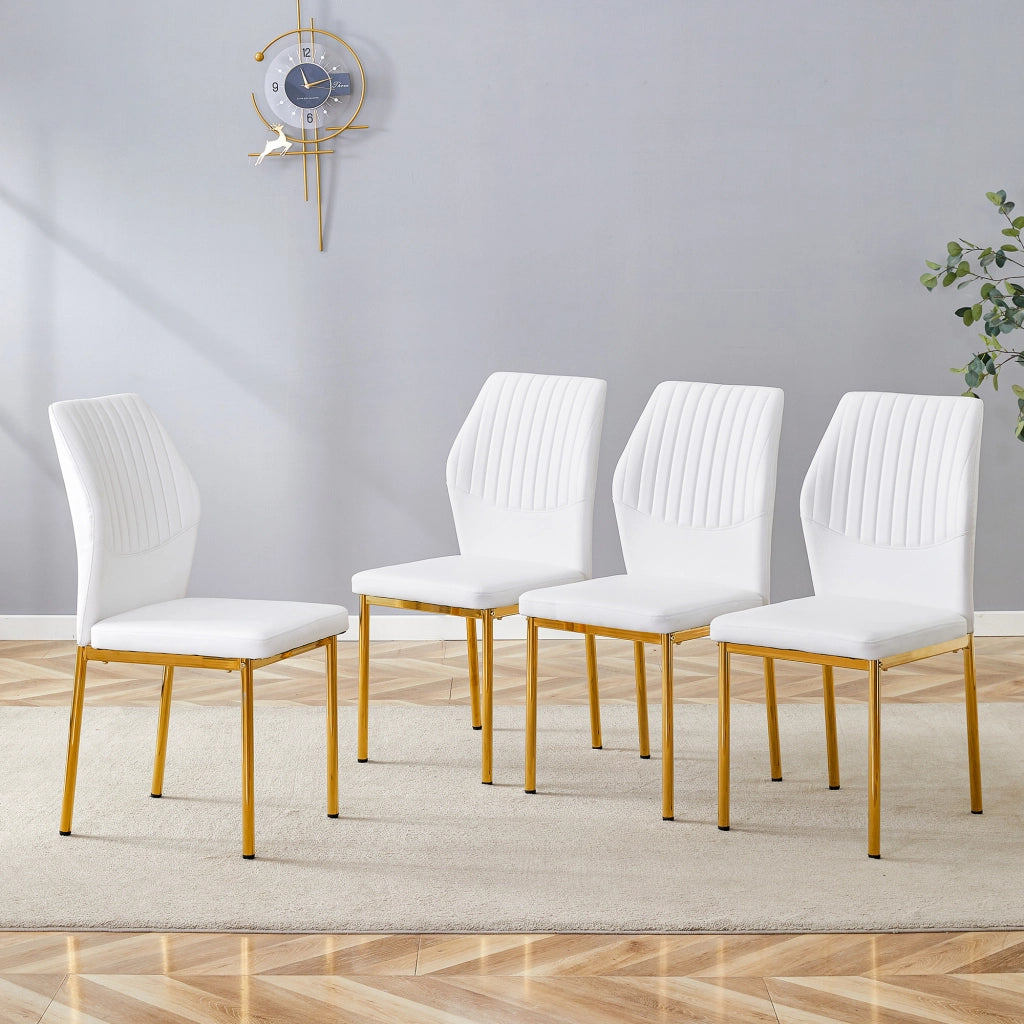 [Set di 4] Sedie da pranzo in stile lussuoso e leggero: schienale in PU bianco con goffratura verticale + gambe in metallo dorato, adatte a sale da pr