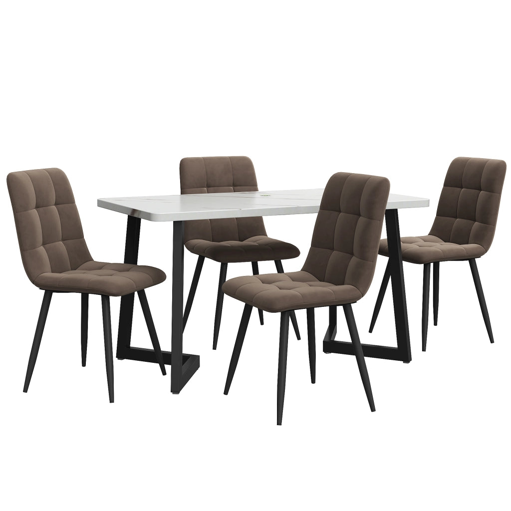 Set Tavolo da Pranzo con 4 Sedie Imbottite ¨C Xylo ¨C Piano Rettangolare 117x68 cm, Velluto Marrone, Gambe Nere