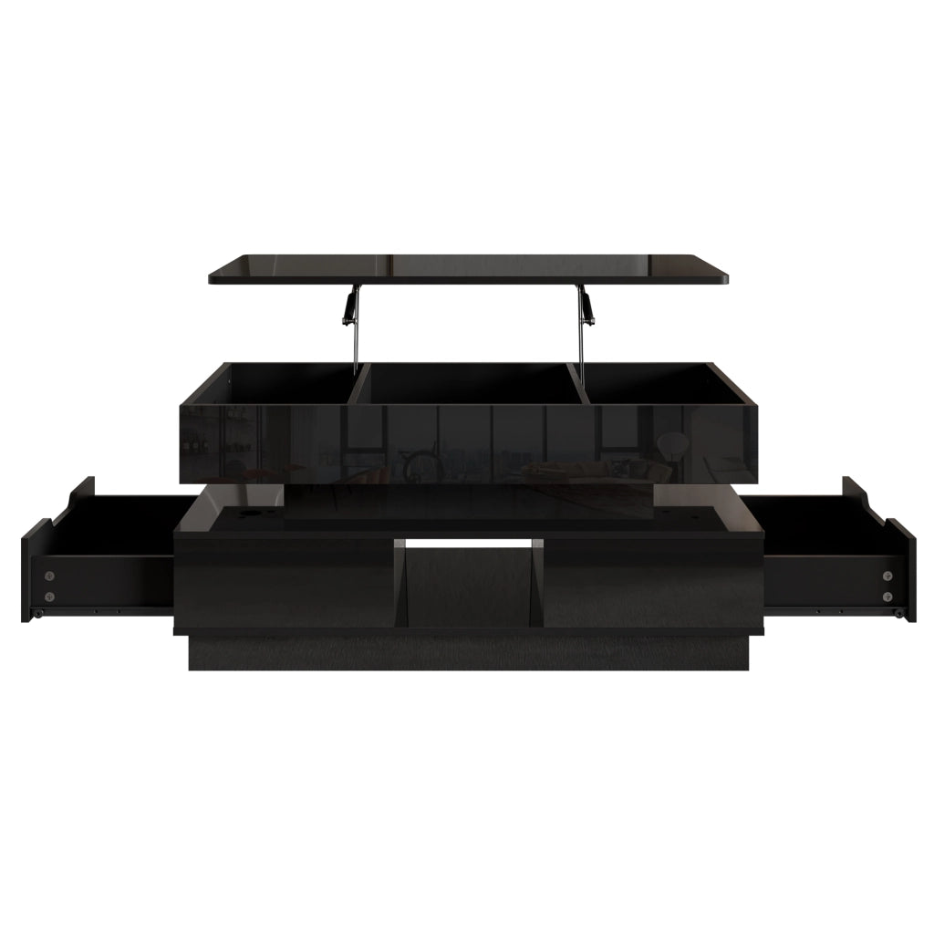 Tavolino lucido, 2 cassetti, illuminazione a LED, piano regolabile in altezza, nero