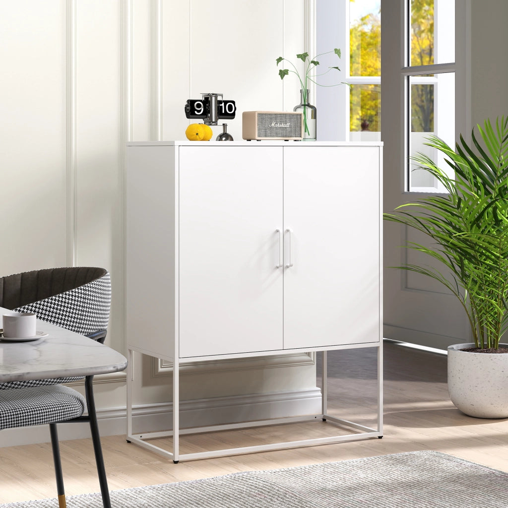 Credenza/mobile contenitore in metallo con 2 ripiani, mobile in acciaio autoportante, ante magnetiche, dispositivo antiribaltamento, adatto per soggio