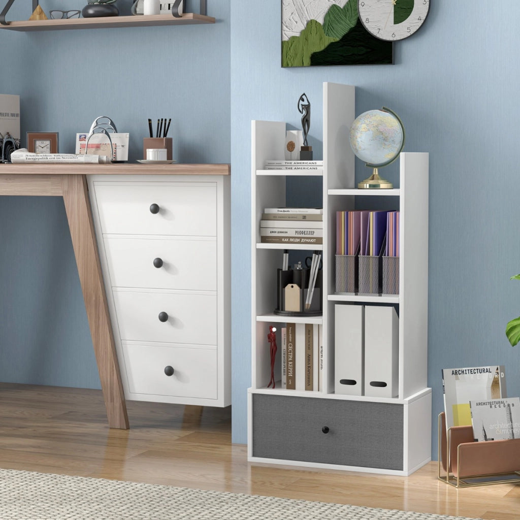 Libreria a 7 piani con cassetto 7 scomparti, Libreria espositiva in legno da 118 cm per soggiorno Bianco-Librerie