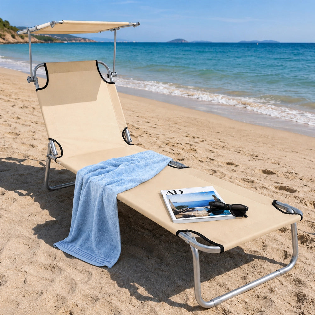 Lettino Mare Pieghevole Leggero con Tettuccio Parasole Regolabile Beige