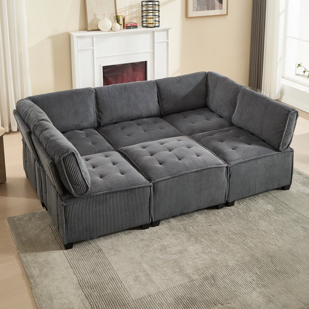 OKWISH Divano Modulare 6 Posti, Configurabile a U o L e Funzione Letto, Tasche Laterali, Velluto a Coste, Grigio