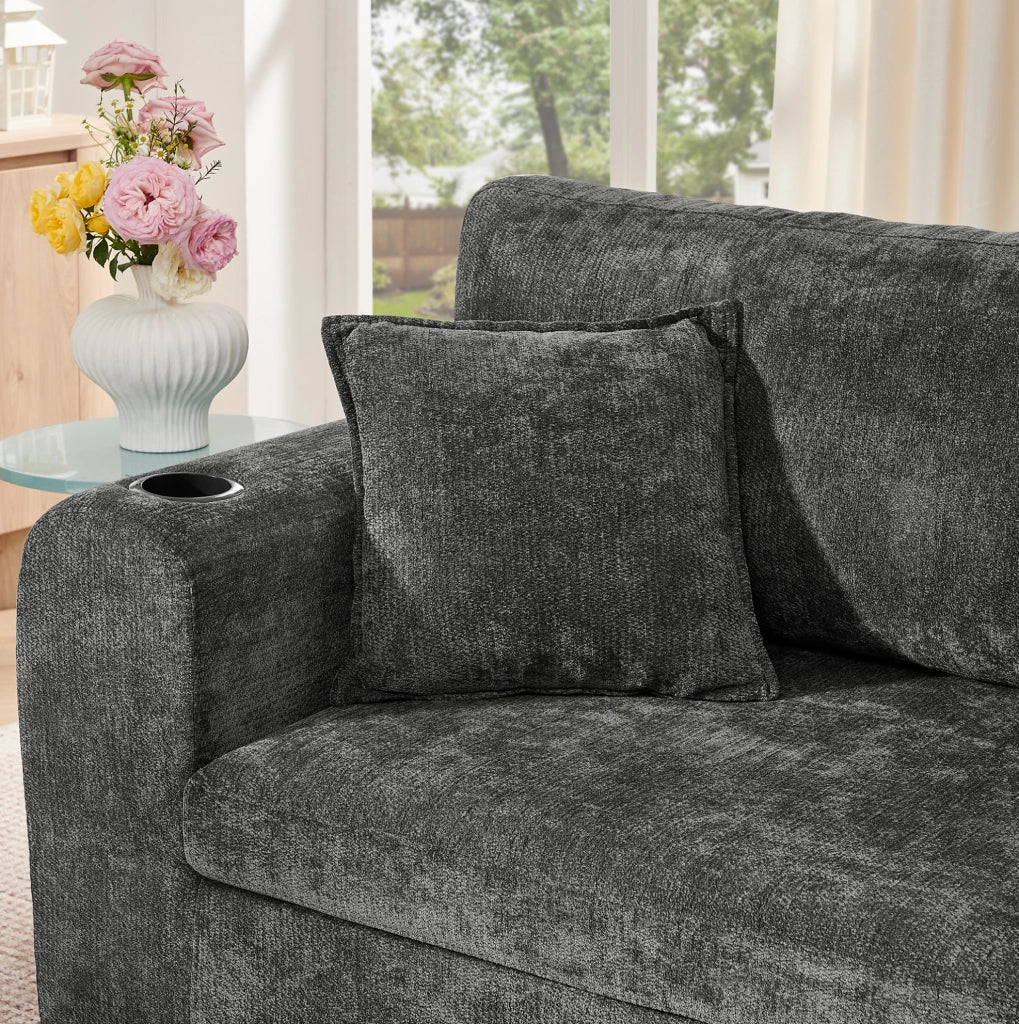 Divano relax a 2 posti in chenille con USB; tasche laterali e portabicchieri; nero 220x100x89 cm