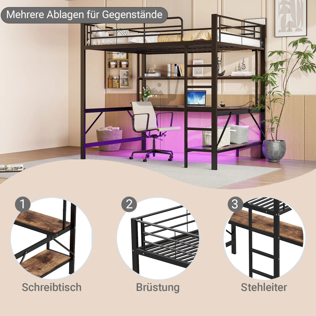 LETTO a soppalco 140x200 cm Metallo Nero con scrivania, ripiani, LED, USB